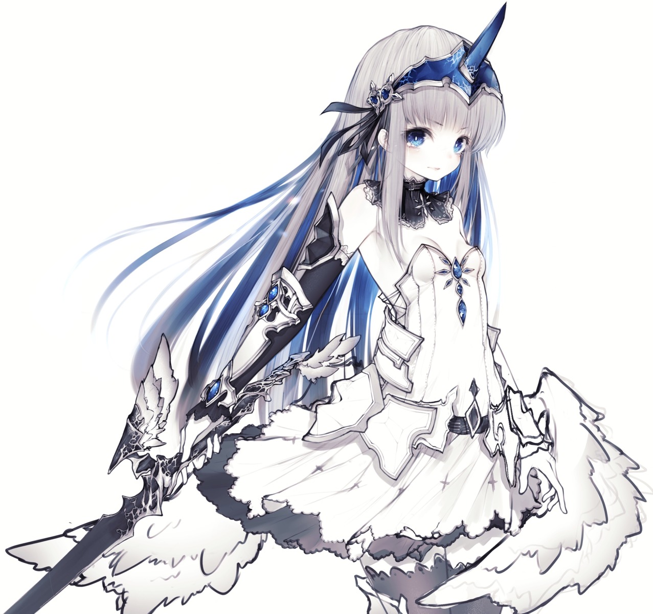 armor cleavage crystar dress hito_komoru horns monochrome sword thighhighs