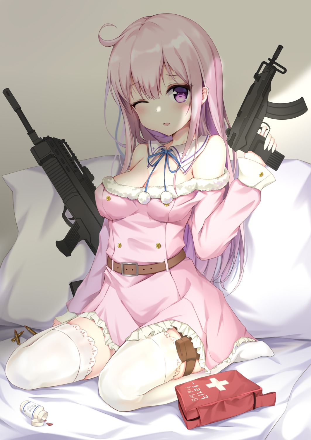 cleavage dress garter gun ms-06s no_bra see_through thighhighs