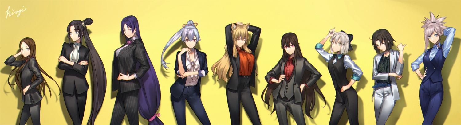 animal_ears business_suit chacha_(fate/grand_order) cleavage crossdress fate/grand_order kibou minamoto_no_raikou_(fate/grand_order) miyamoto_musashi_(fate/grand_order) oda_nobunaga_(fate) okita_souji_(fate) pantyhose ryougi_shiki suzuka_gozen_(fate/grand_order) tomoe_gozen_(fate/grand_order) ushiwakamaru_(fate/grand_order)