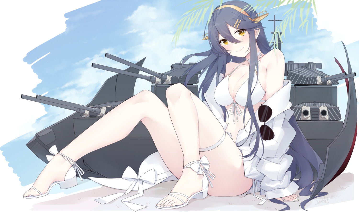 bikini cleavage garter haruna_(kancolle) heels ieufg kantai_collection megane open_shirt swimsuits