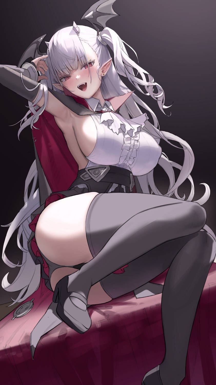 draculina_(last_origin) freng heels horns last_origin no_bra pantsu pointy_ears skirt_lift thighhighs thong wings