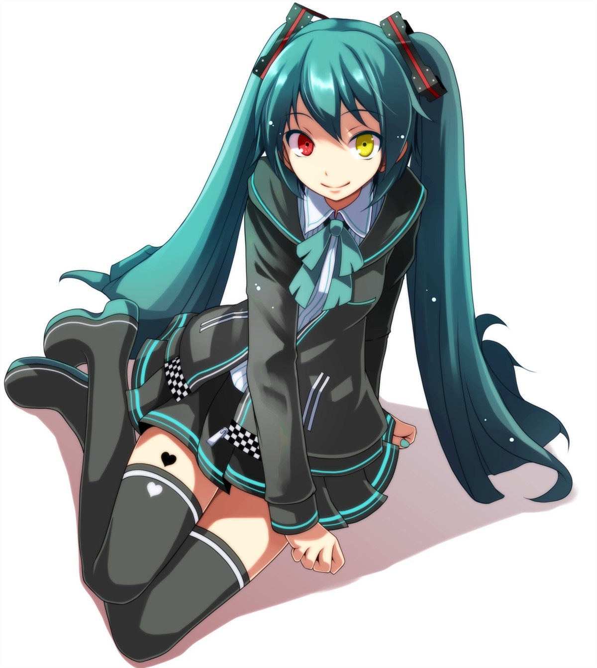 hatsune_miku heterochromia seifuku tattoo thighhighs tsukishiro_saika vocaloid