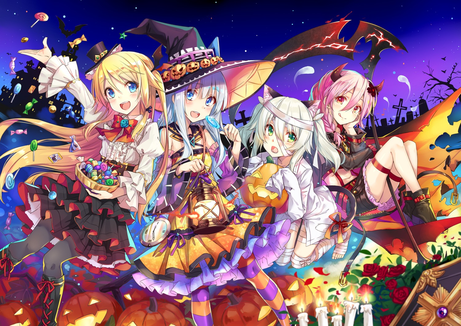 animal_ears bandages halloween heels hika_(cross-angel) horns kuuki_shoujo magi_in_wanchin_basilica nekomimi pantyhose rice_simon sergestid_shrimp_in_tungkang tail the_personification_of_atmosphere weapon witch xiao_ma xuan_ying