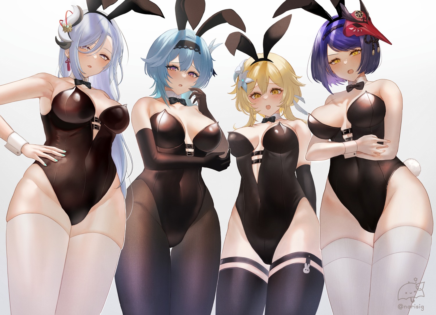 animal_ears bunny_ears bunny_girl eula garter genshin_impact kujou_sara lumine no_bra pantyhose shenhe sigggrain stockings thighhighs