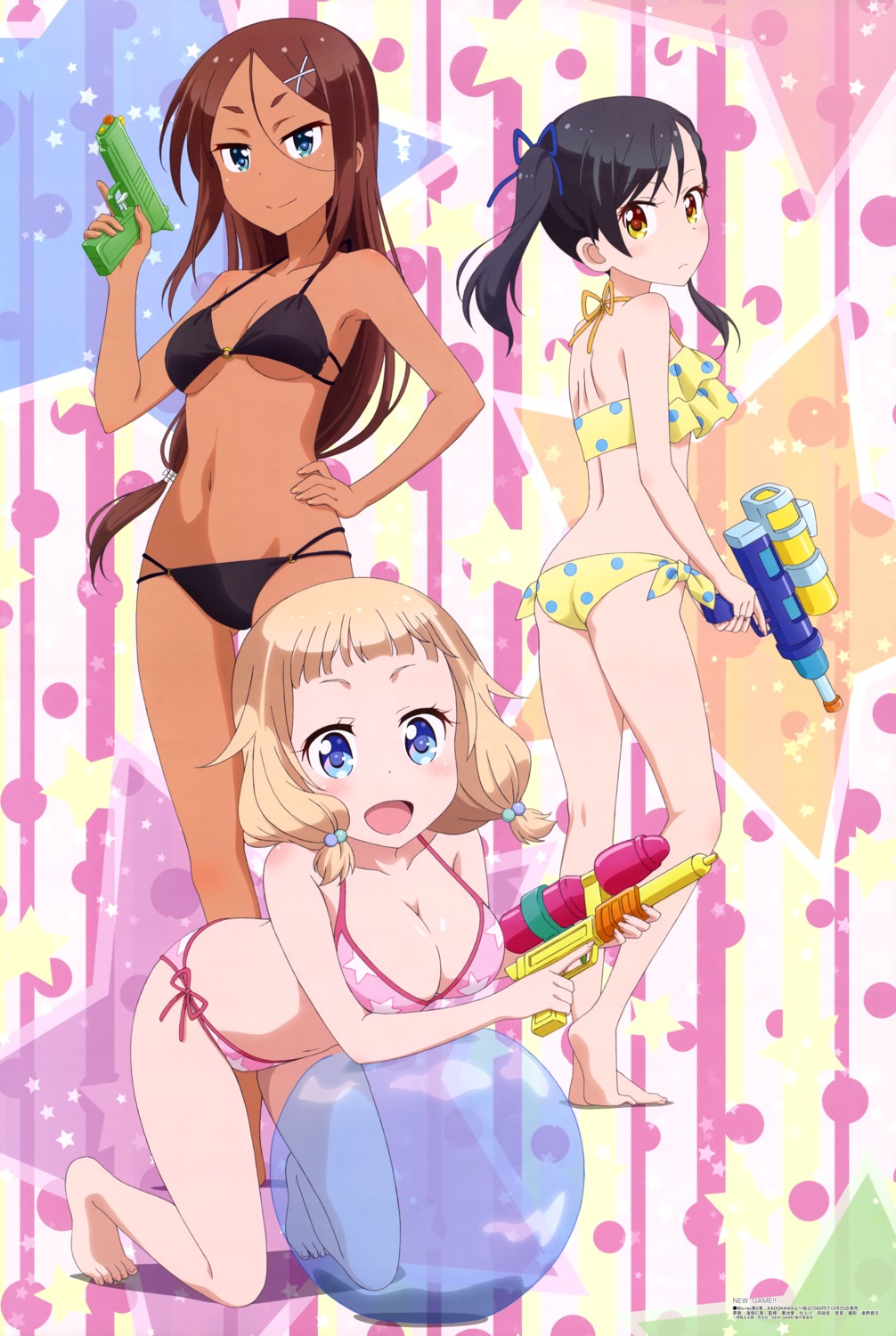 ahagon_umiko ass bikini cleavage gun kaiho_hitomi narumi_tsubame new_game! sakura_nene swimsuits underboob