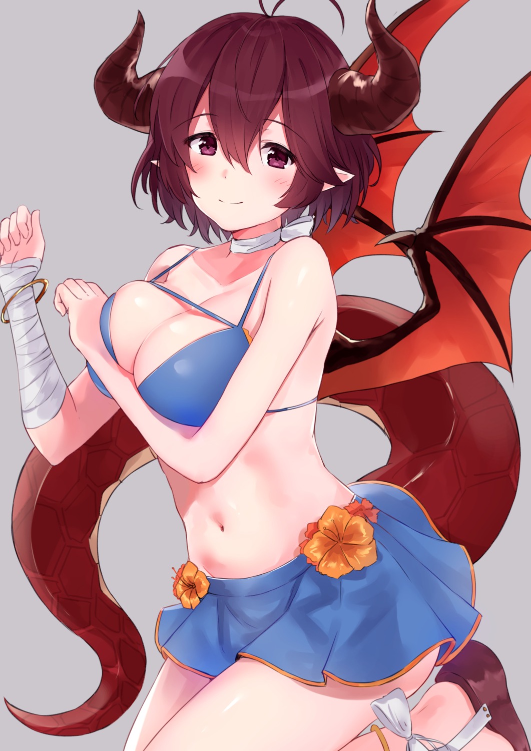 bandages bikini breast_hold cleavage granblue_fantasy horns minikon pointy_ears skirt_lift swimsuits tail wings