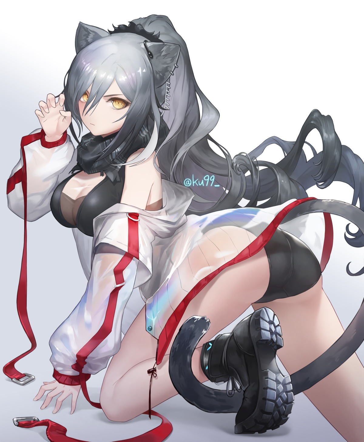 animal_ears arknights ass cleavage ku99_(kugugu) pantsu schwarz_(arknights) see_through tail