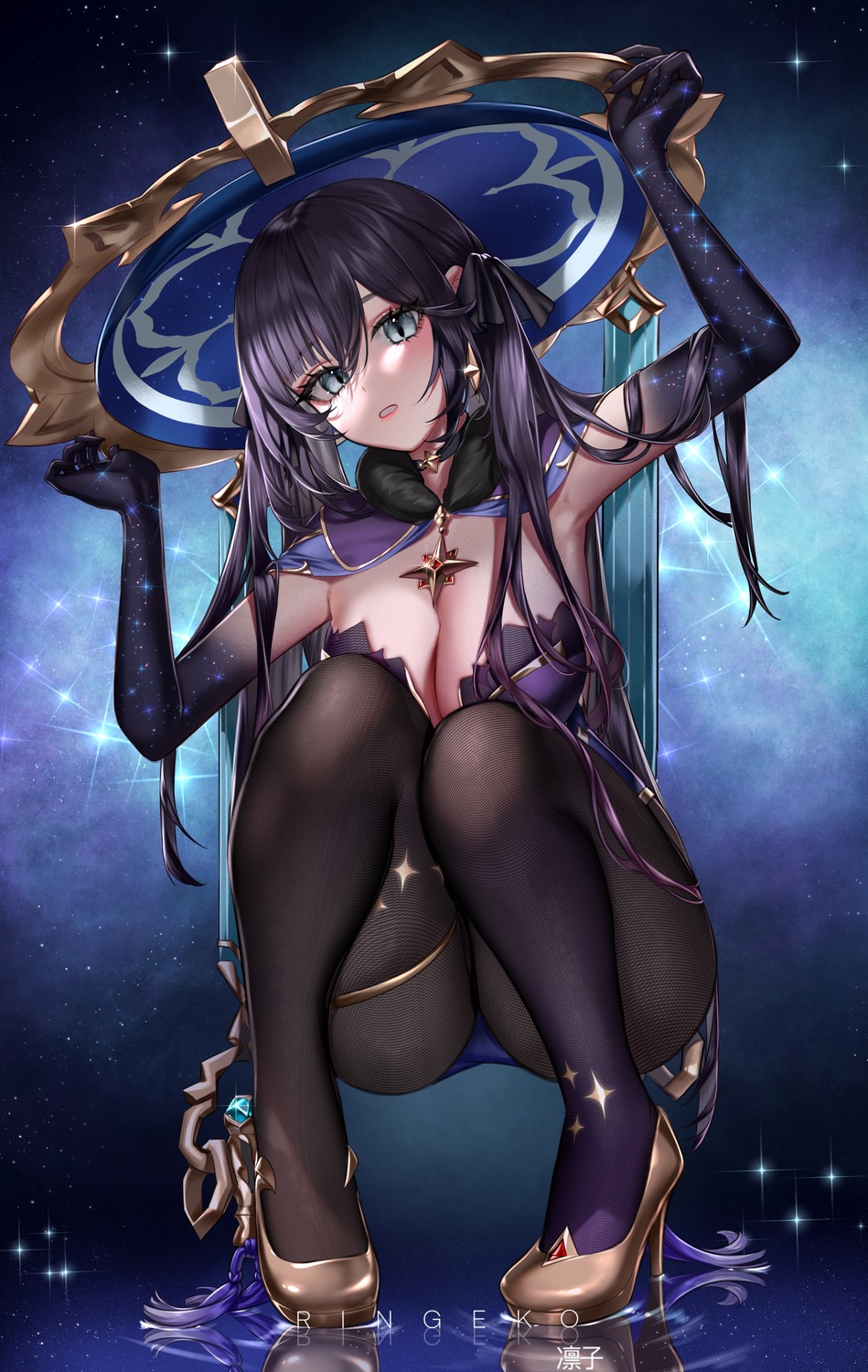 genshin_impact heels leotard mona_megistus no_bra pantyhose ringeko-chan witch