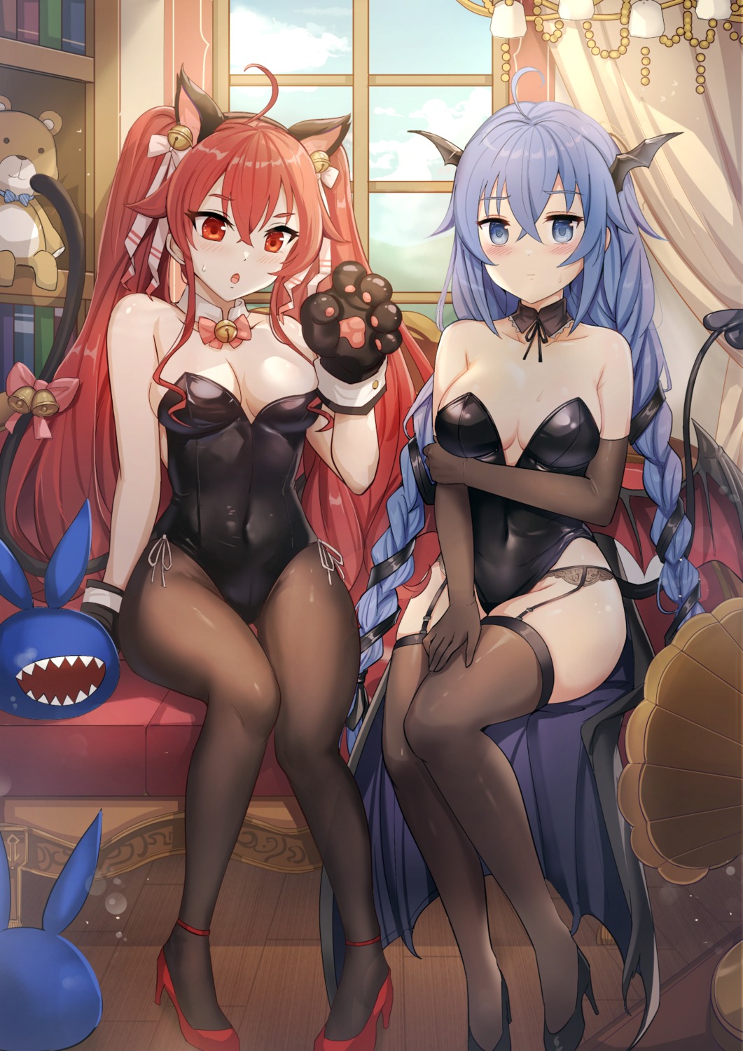 animal_ears brown_dust_ii crossover eris_boreas_greyrat heels leotard mushoku_tensei nekomimi no_bra pantyhose roxy_migurdia stockings tail thighhighs wings yougen_kitsune