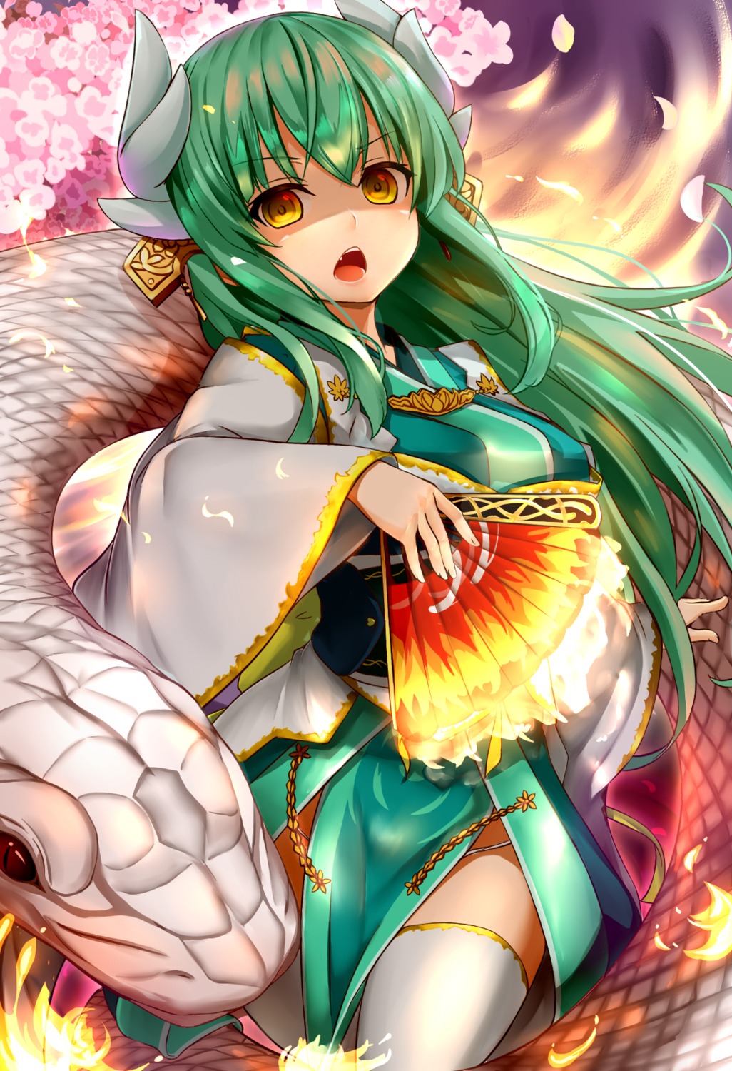 fate/grand_order horns japanese_clothes kiyohime_(fate/grand_order) shiron thighhighs