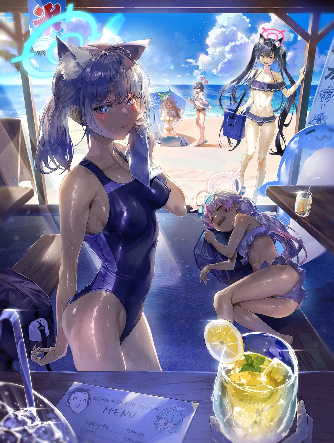 animal_ears ass bikini blue_archive halo izayoi_nonomi kuroi_suna kuromi_serika loli megane nekomimi okusora_ayane open_shirt pointy_ears sunaookami_shiroko swimsuits takanashi_hoshino thong