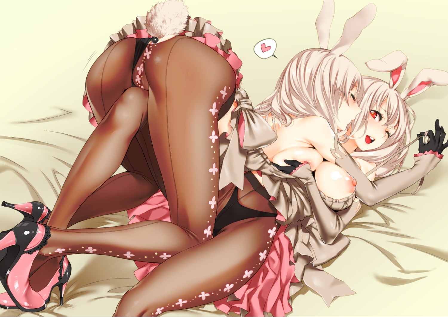 anal_beads animal_ears ass breast_hold breasts bunny_ears heels hige_(hige2) nipples no_bra open_shirt pantsu pantyhose pussy torn_clothes yuri