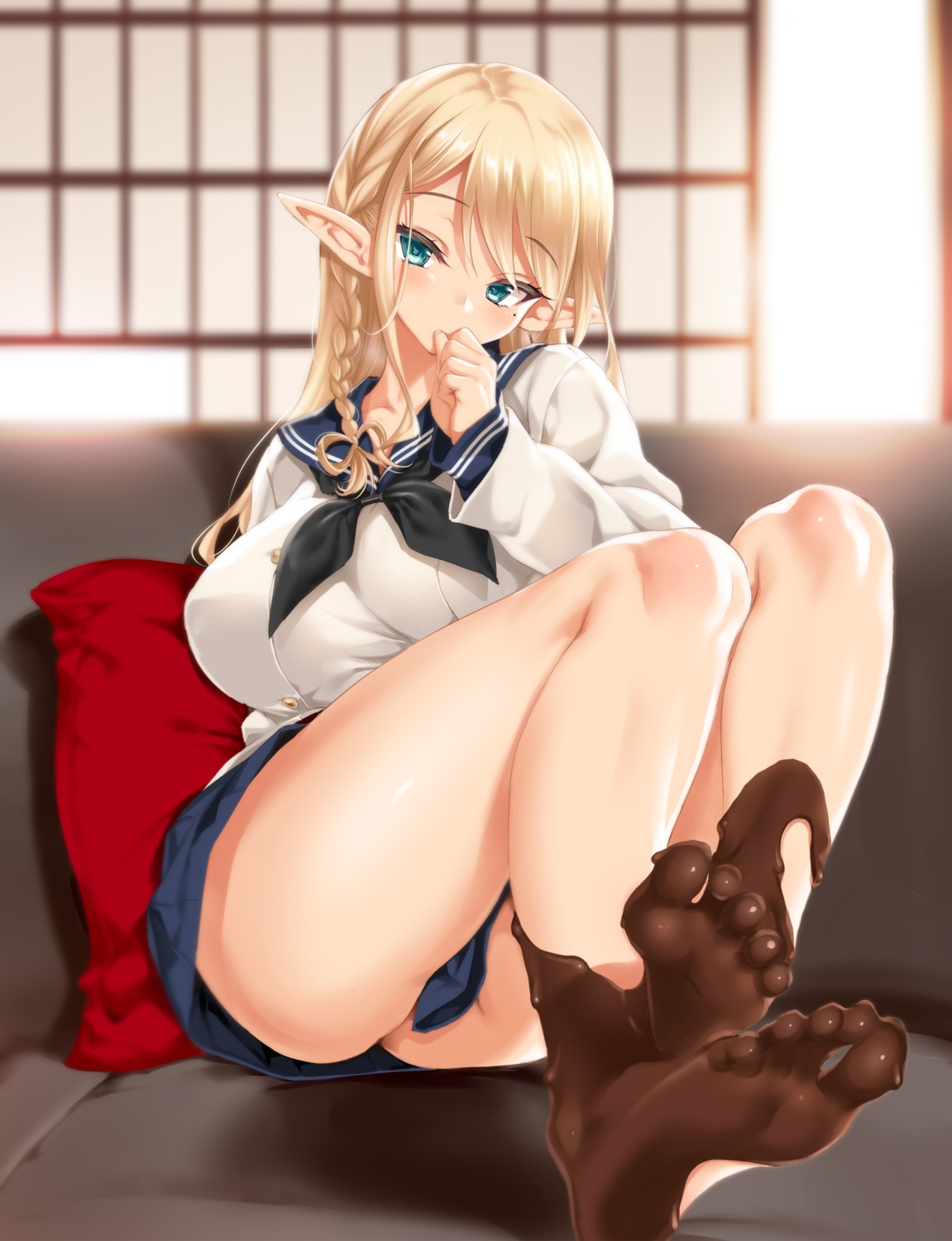 cle_masahiro cream feet pointy_ears seifuku sweater