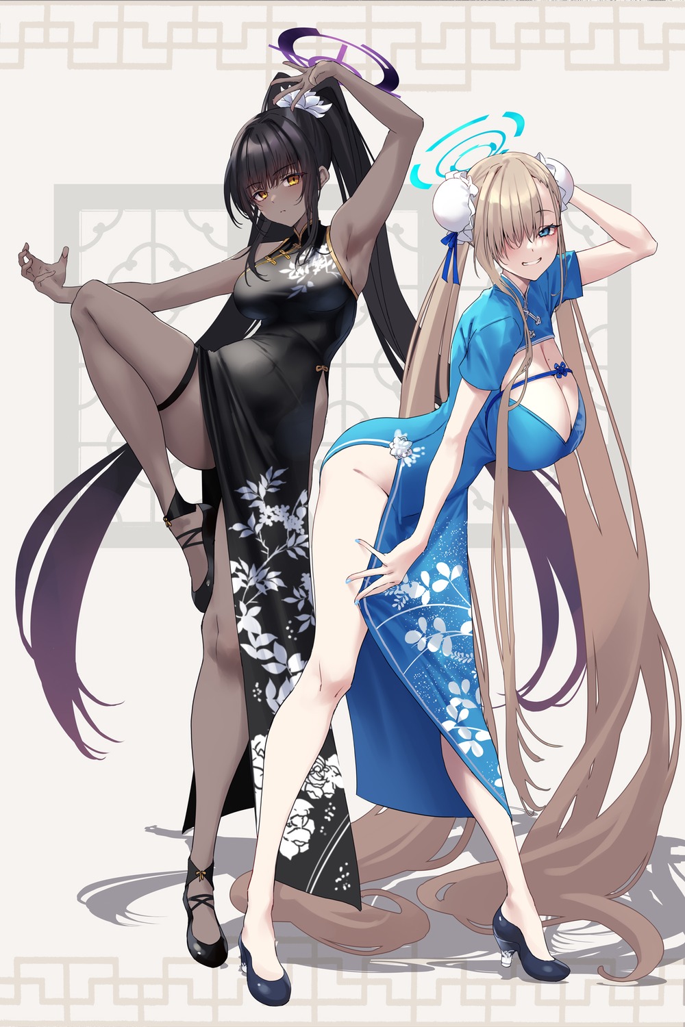 blue_archive chinadress fukai_ryosuke garter halo heels ichinose_asuna kakudate_karin no_bra