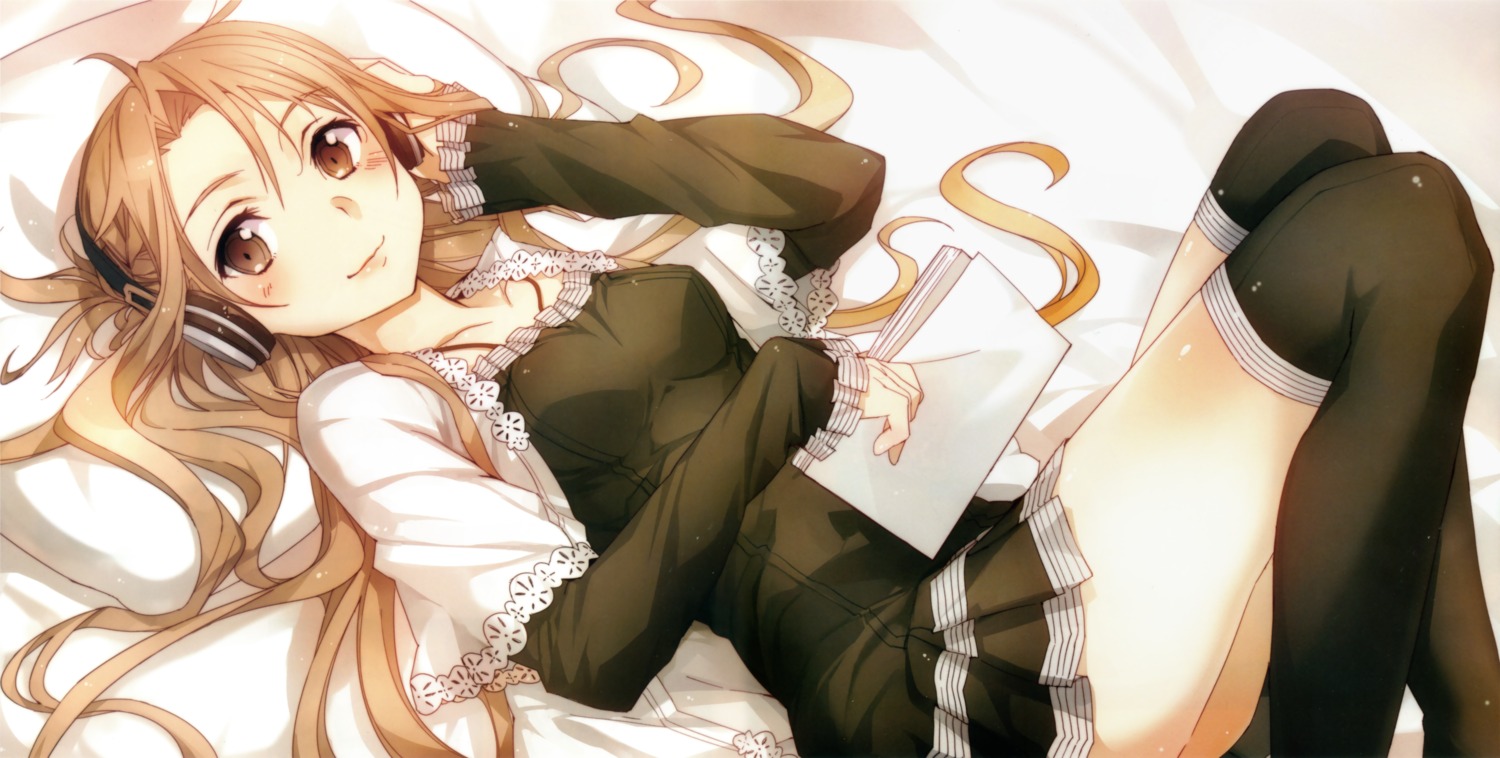 abec ass asuna_(sword_art_online) dress headphones sword_art_online thighhighs