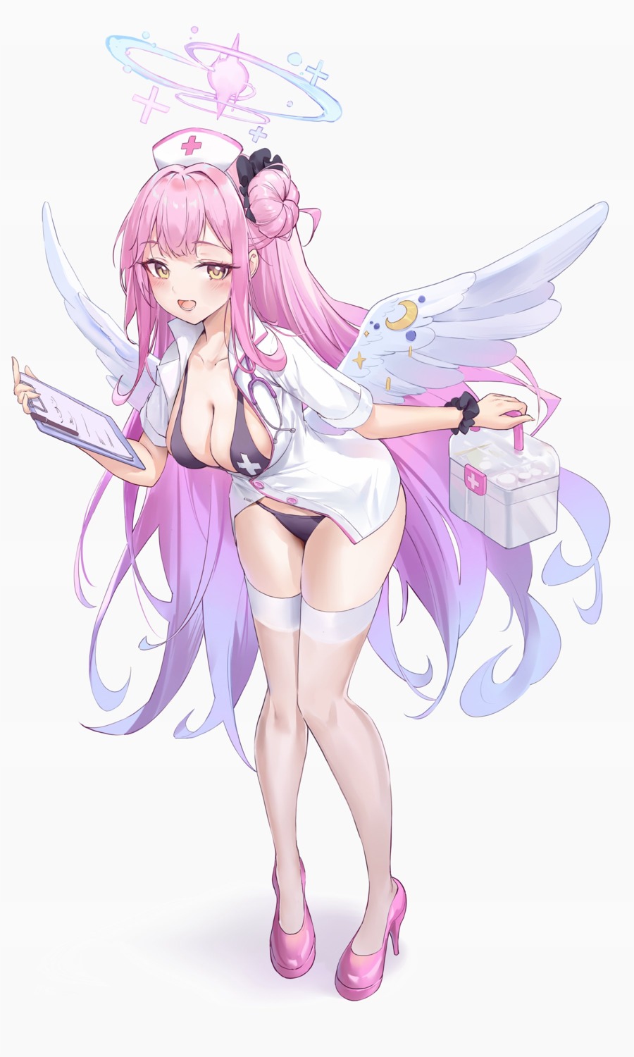 angel bikini blue_archive heels misono_mika nurse open_shirt pdxen swimsuits thighhighs wings