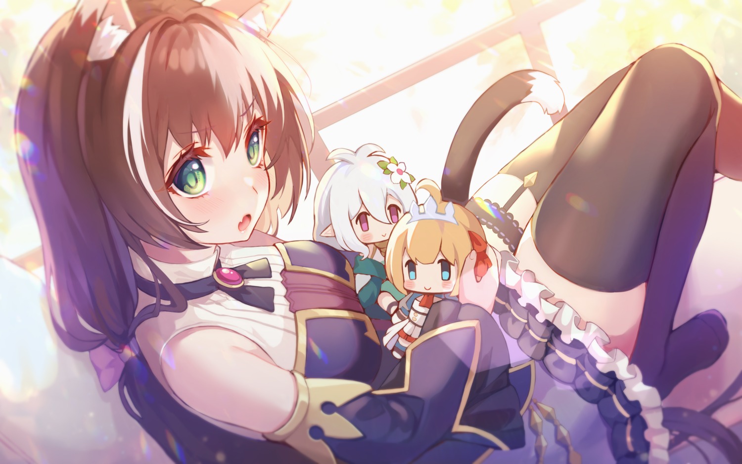 animal_ears chibi hasu_(velicia) karyl_(princess_connect) kokkoro nekomimi pecorine pointy_ears princess_connect! princess_connect!_re:dive skirt_lift stockings tail thighhighs