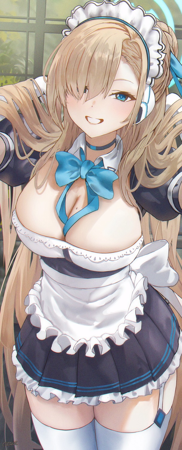 blue_archive cherre halo ichinose_asuna maid no_bra stockings thighhighs