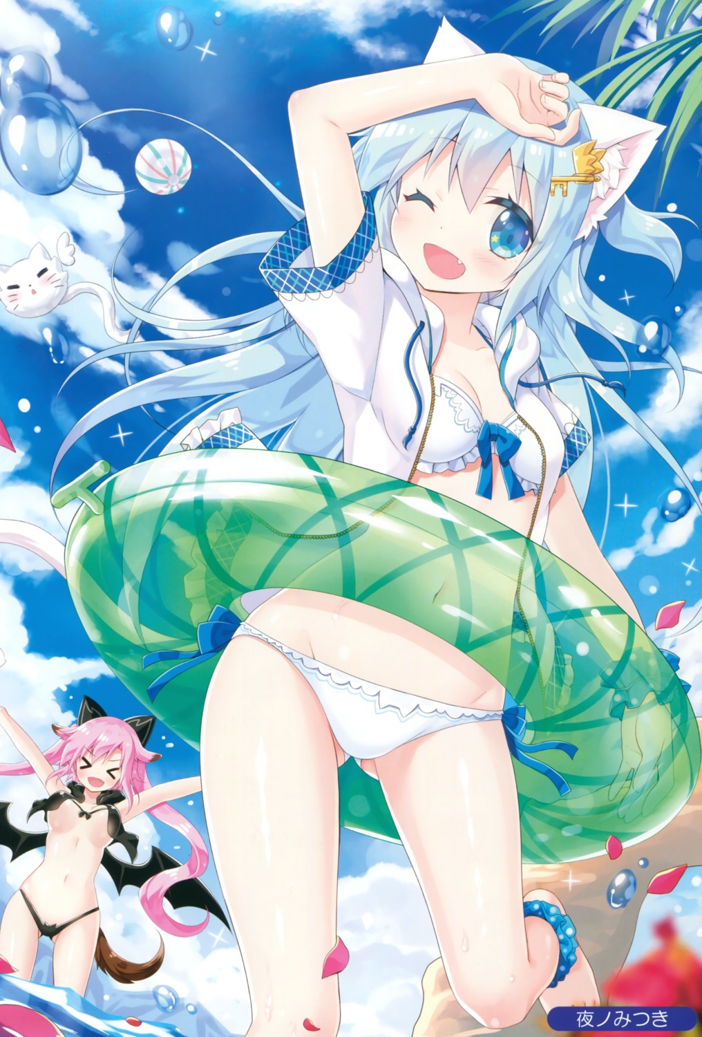 animal_ears cleavage lily_(yano_mitsuki) mint_(yano_mitsuki) nekomimi open_shirt seifuku tail underboob wet wings yano_mitsuki