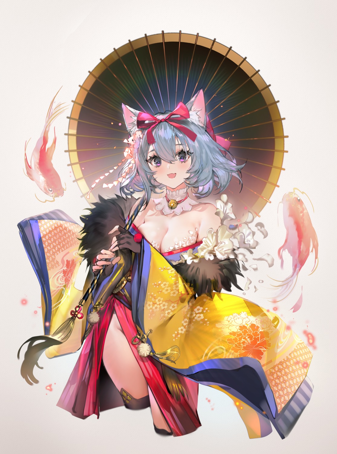 animal_ears japanese_clothes no_bra nopan open_shirt quuni thighhighs umbrella