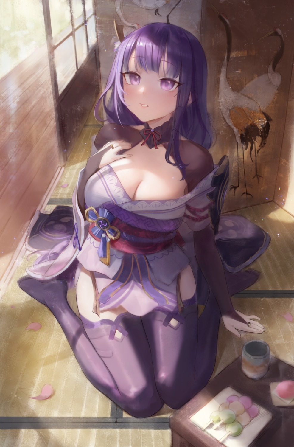 bingwei_huang genshin_impact japanese_clothes no_bra open_shirt raiden_shogun thighhighs