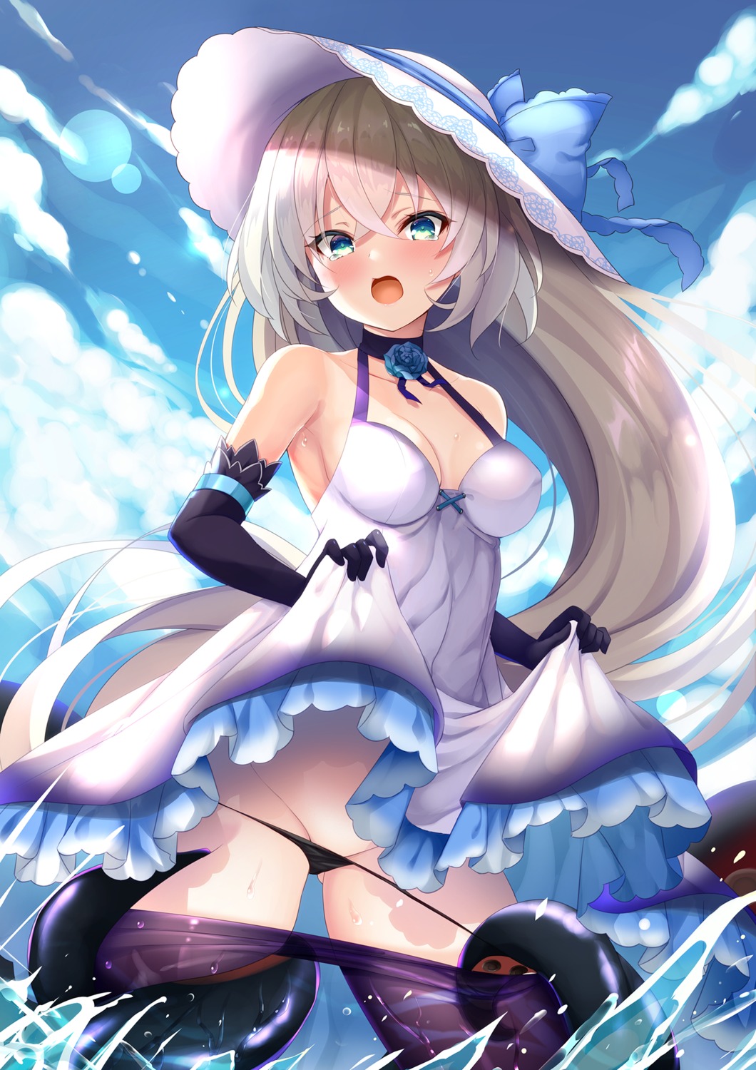 blue_oath cleavage jervis_(blue_oath) pantsu panty_pull pantyhose skirt_lift tentacles undressing wet wet_clothes yukizuki_chikuba