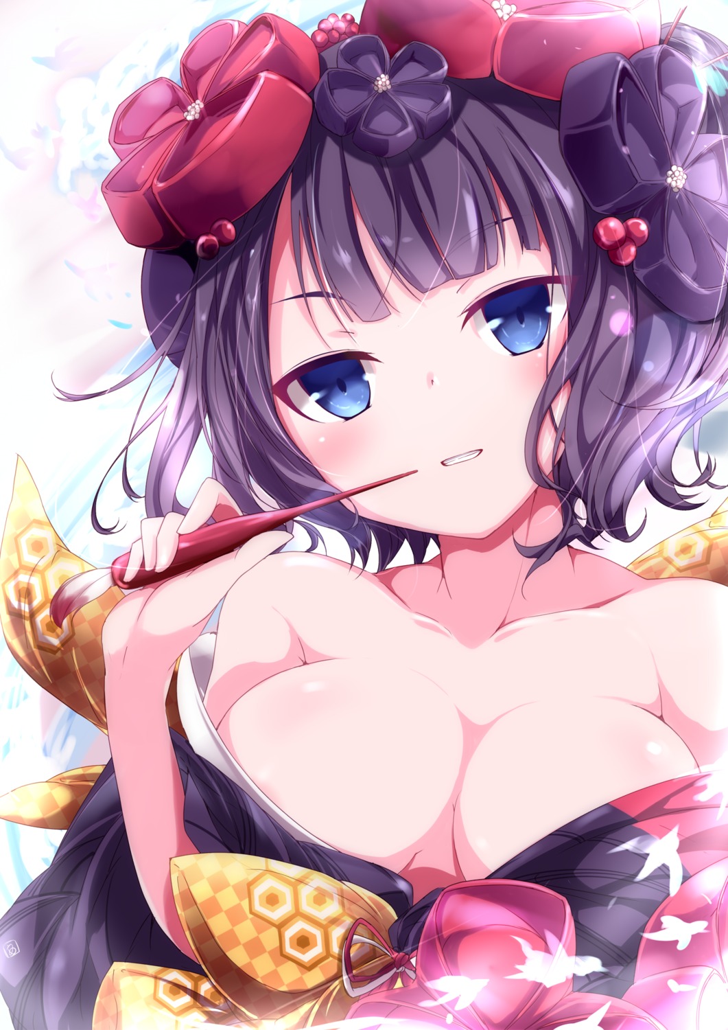 cleavage fate/grand_order katsushika_hokusai_(fate) kimono nanaume_(shichimi_tougarashi) no_bra open_shirt