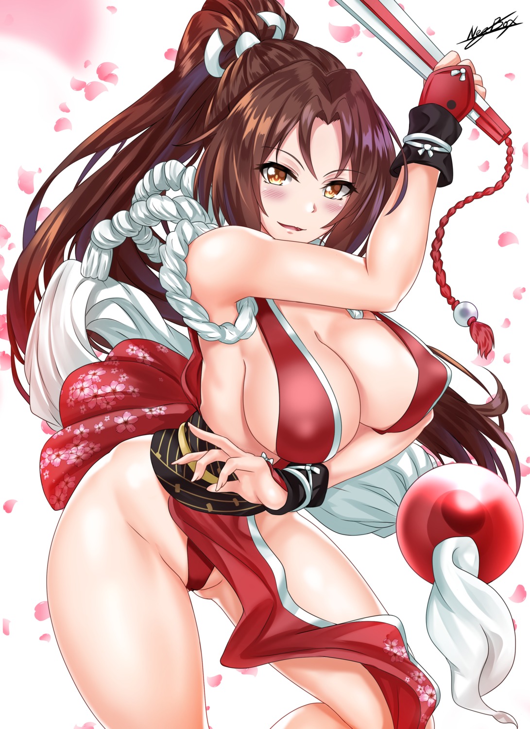 cleavage erect_nipples japanese_clothes king_of_fighters nez-kun ninja no_bra open_shirt shiranui_mai weapon