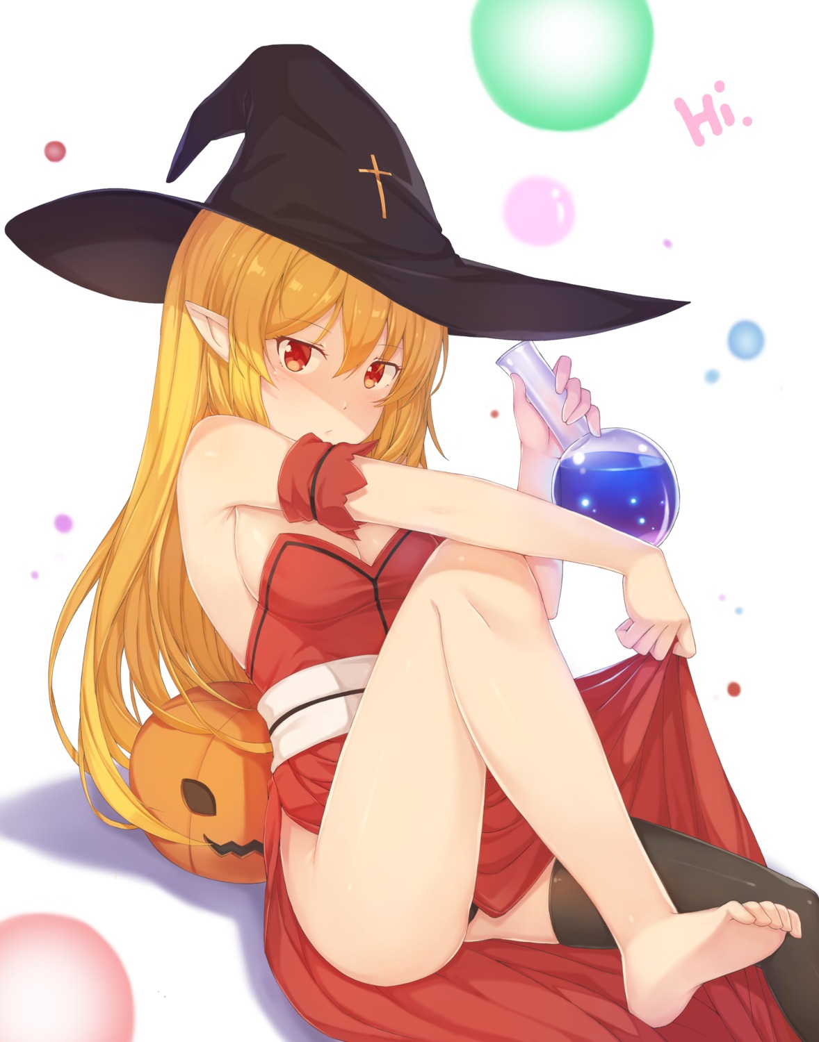 cleavage dress dungeon_fighter feet hallohi halloween pantsu pointy_ears skirt_lift thighhighs witch