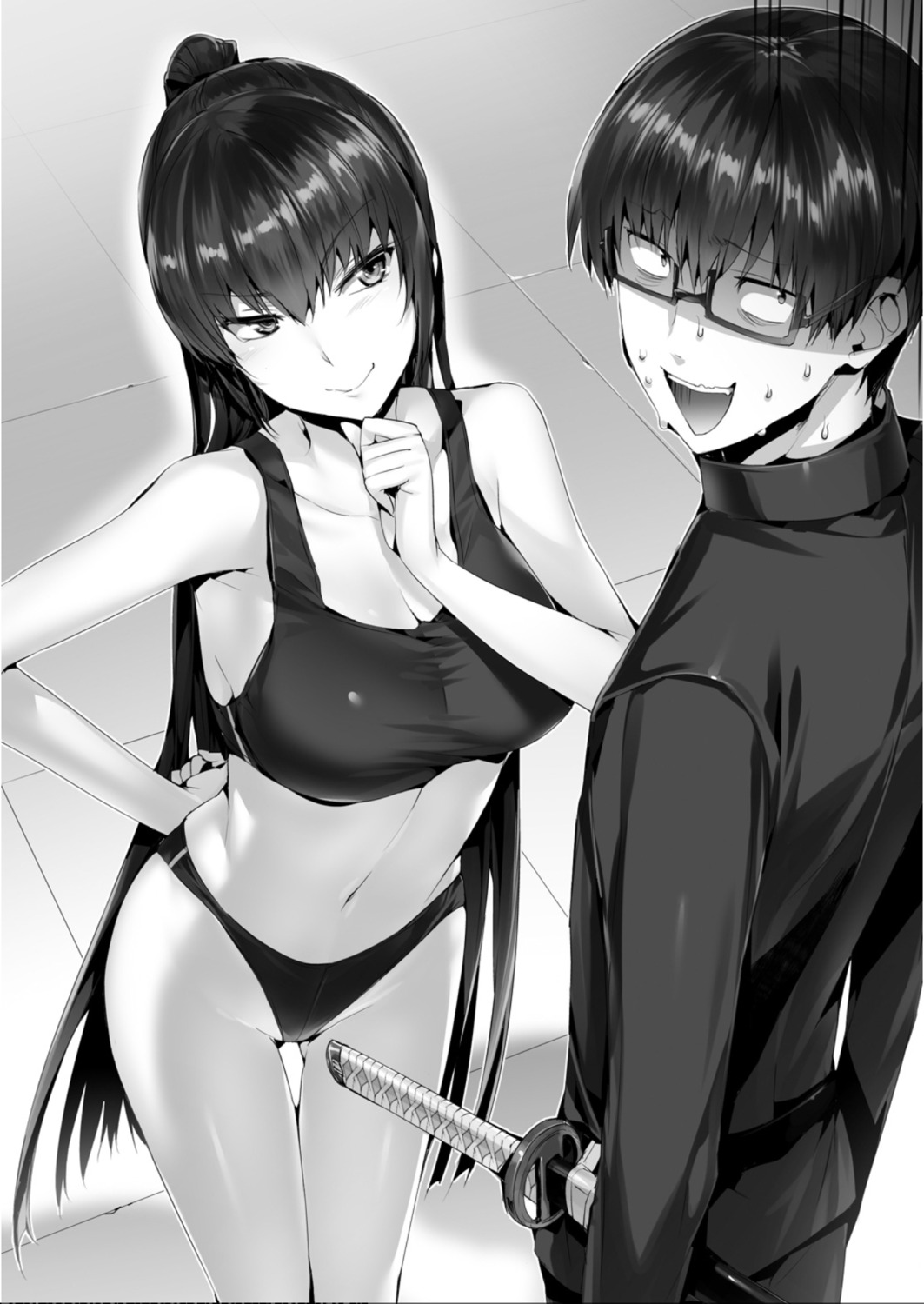 bra cleavage hisasi megane monochrome monogusa_neneko_no_taida_na_tanteicho pantsu sword yomisaka_neneko