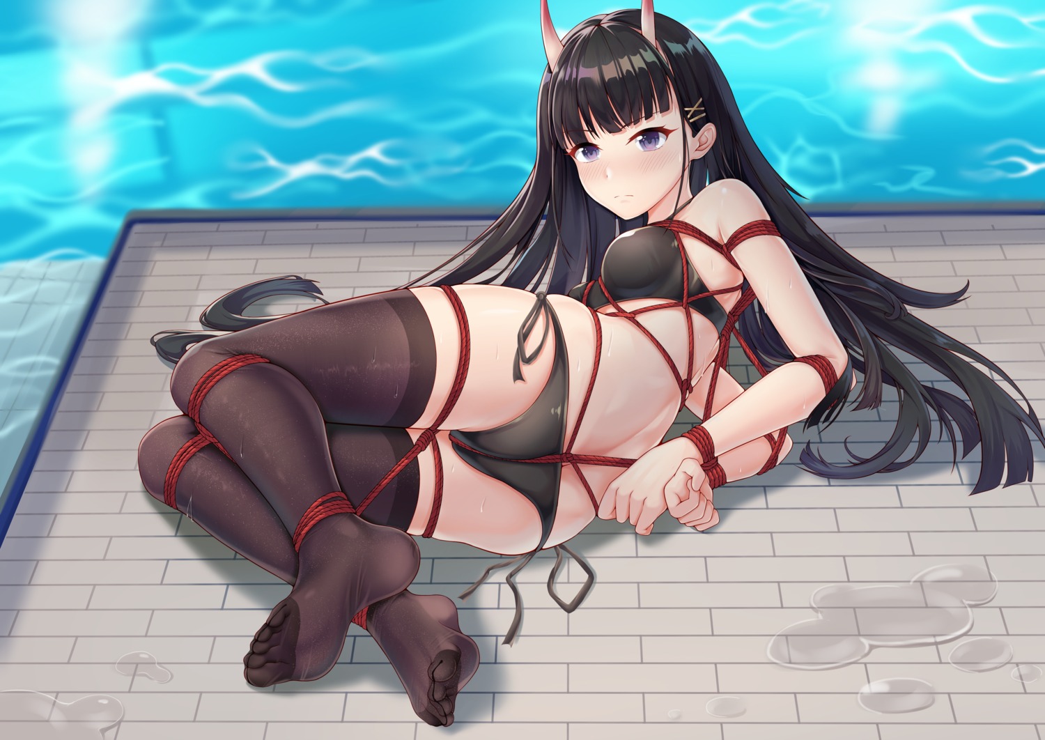 ass azur_lane bikini bondage cameltoe feet horns noshiro_(azur_lane) swimsuits thighhighs yiduan_zhu