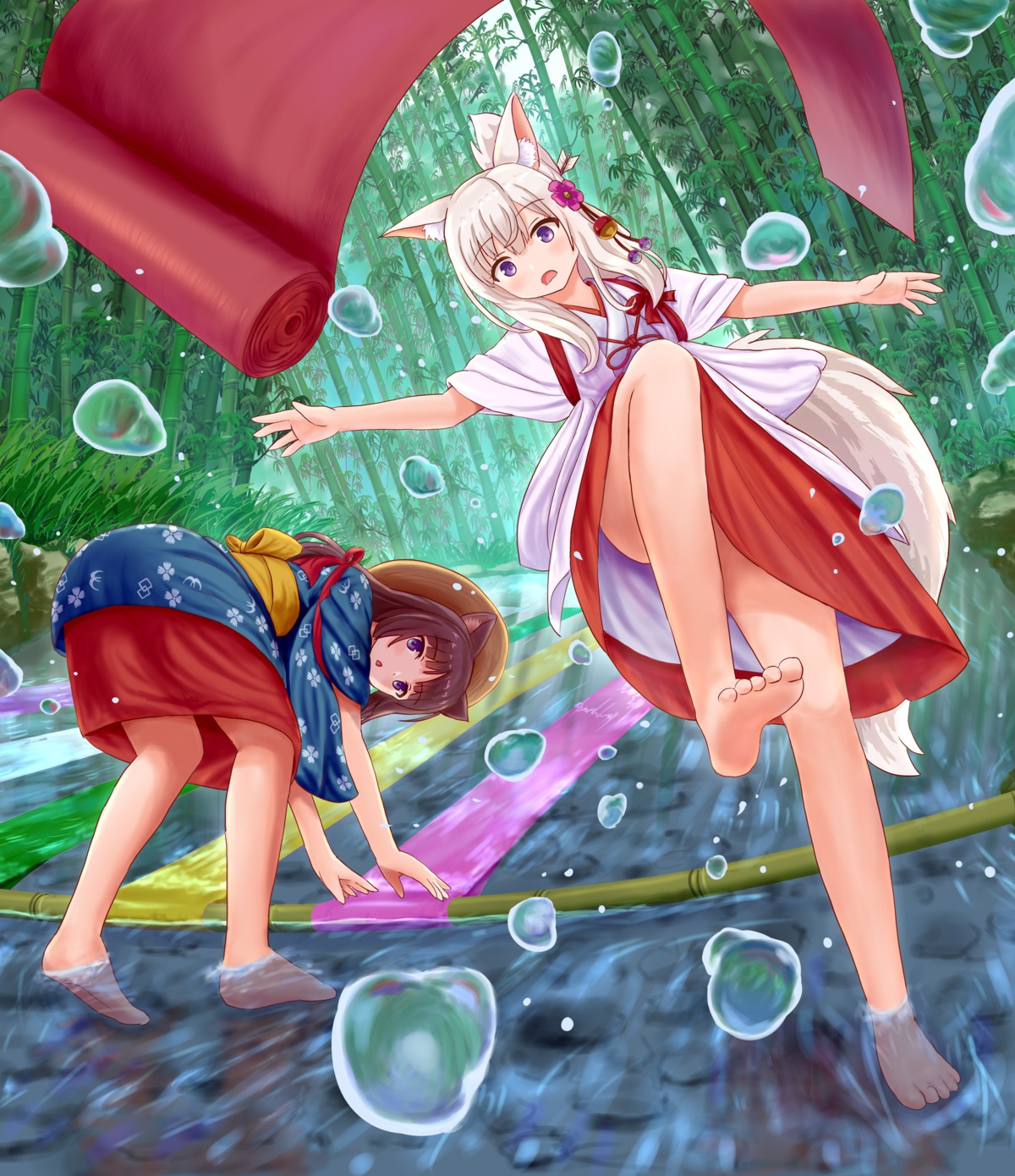 animal_ears ass feet iroha_(iroha_matsurika) japanese_clothes kitsune miko nekomimi skirt_lift tail wet