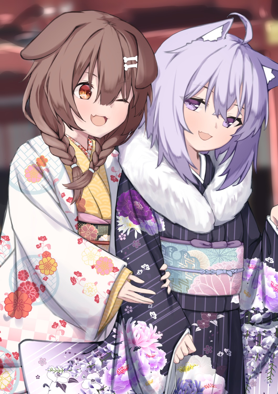 animal_ears hololive hololive_gamers inugami_korone inumimi kimono nekomata_okayu nekomimi taitan