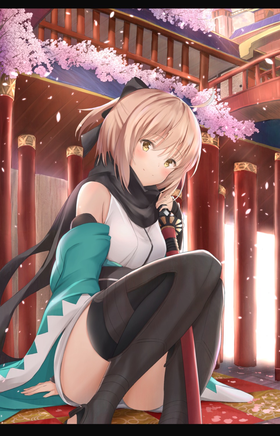 fate/grand_order japanese_clothes maosame okita_souji_(fate) sword thighhighs