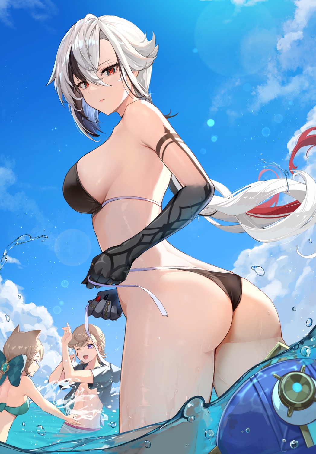 animal_ears arlecchino ass bikini genshin_impact lynette_(genshin_impact) lyney nekomimi pi_tayuko swimsuits undressing wet