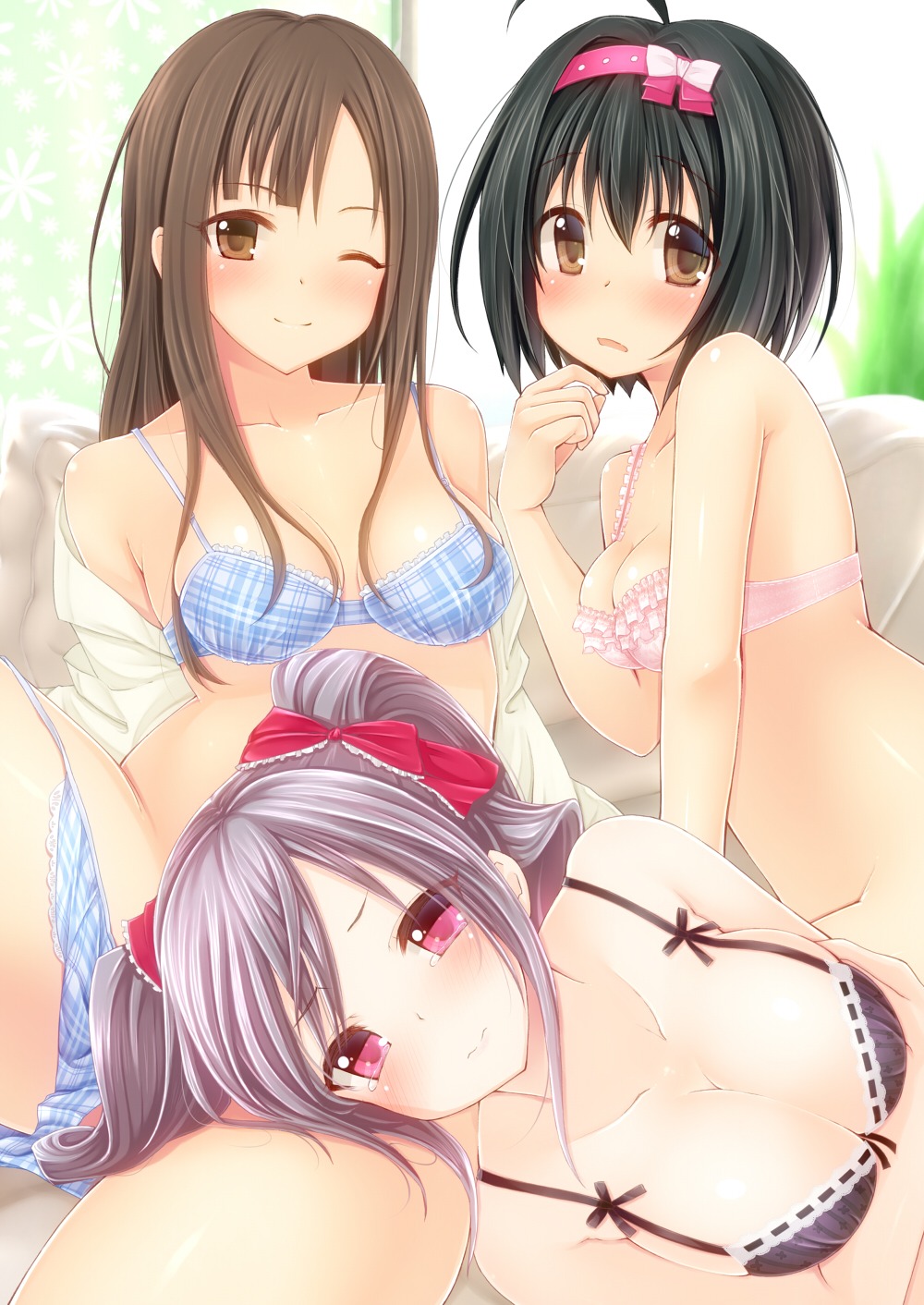 bottomless bra breast_hold cleavage imachi kanzaki_ranko kohinata_miho mizumoto_yukari open_shirt panty_pull the_idolm@ster the_idolm@ster_cinderella_girls