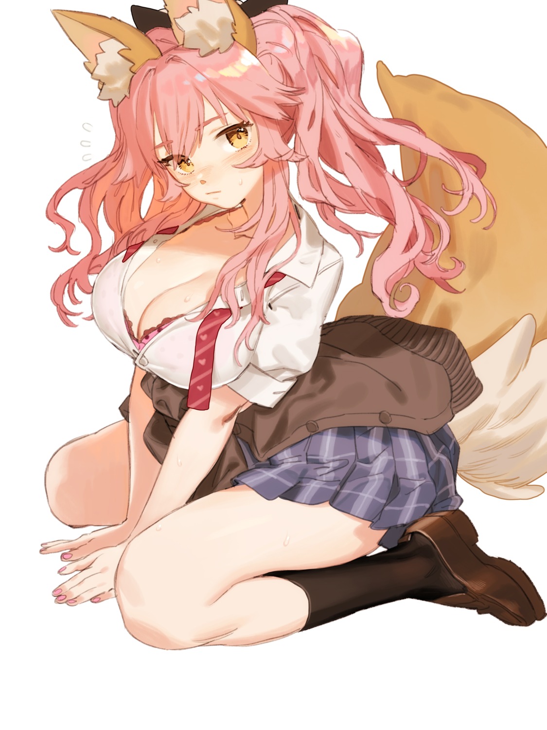 animal_ears bra cleavage fate/extella fate/extra fate/stay_night horimori open_shirt seifuku tail tamamo_no_mae