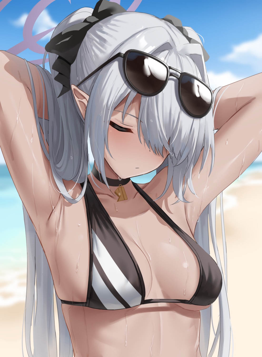 bikini_top blue_archive halo megane pointy_ears shengtian shiromi_iori swimsuits