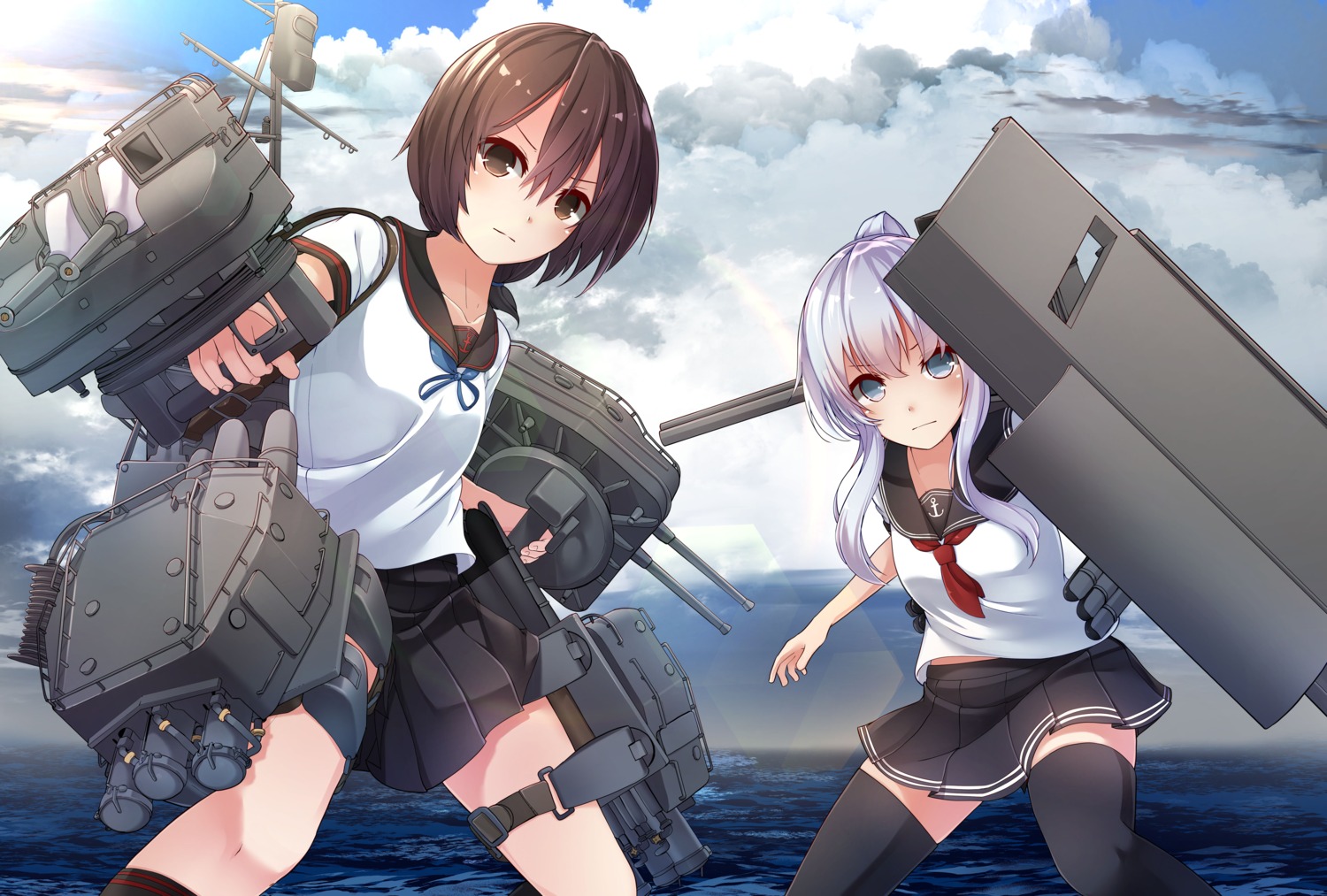 fubuki_(kancolle) garter hibiki_(kancolle) hibiki_zerocodo kantai_collection seifuku thighhighs weapon