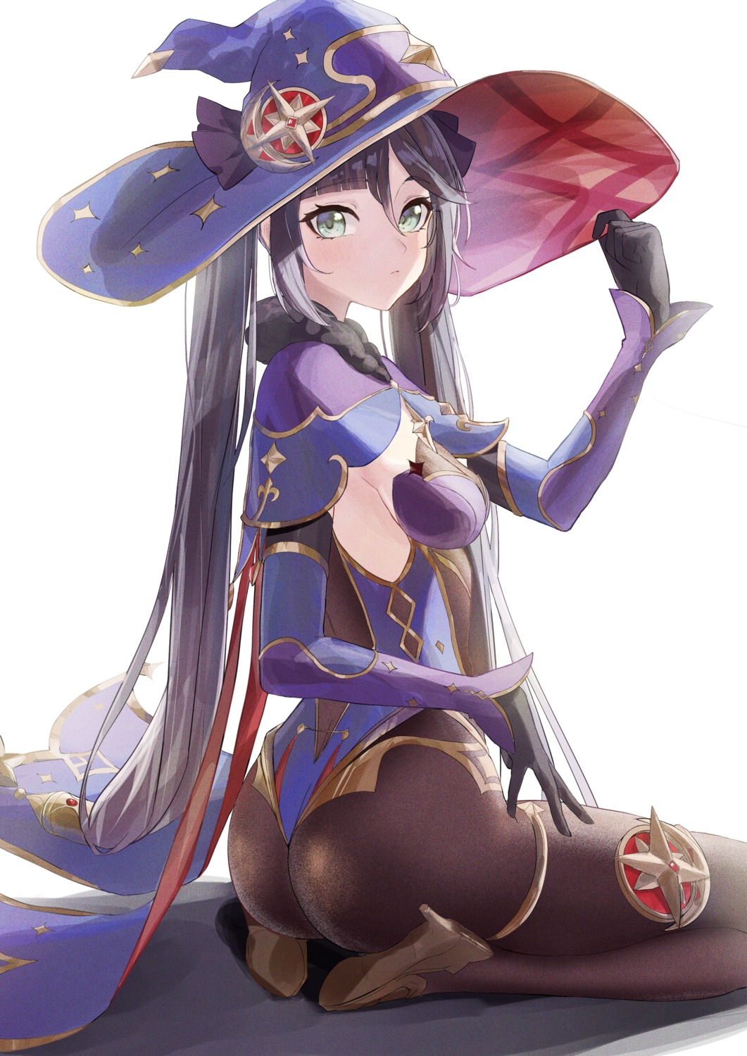 ass garter genshin_impact heels leotard mona_megistus naruse_u no_bra pantyhose witch