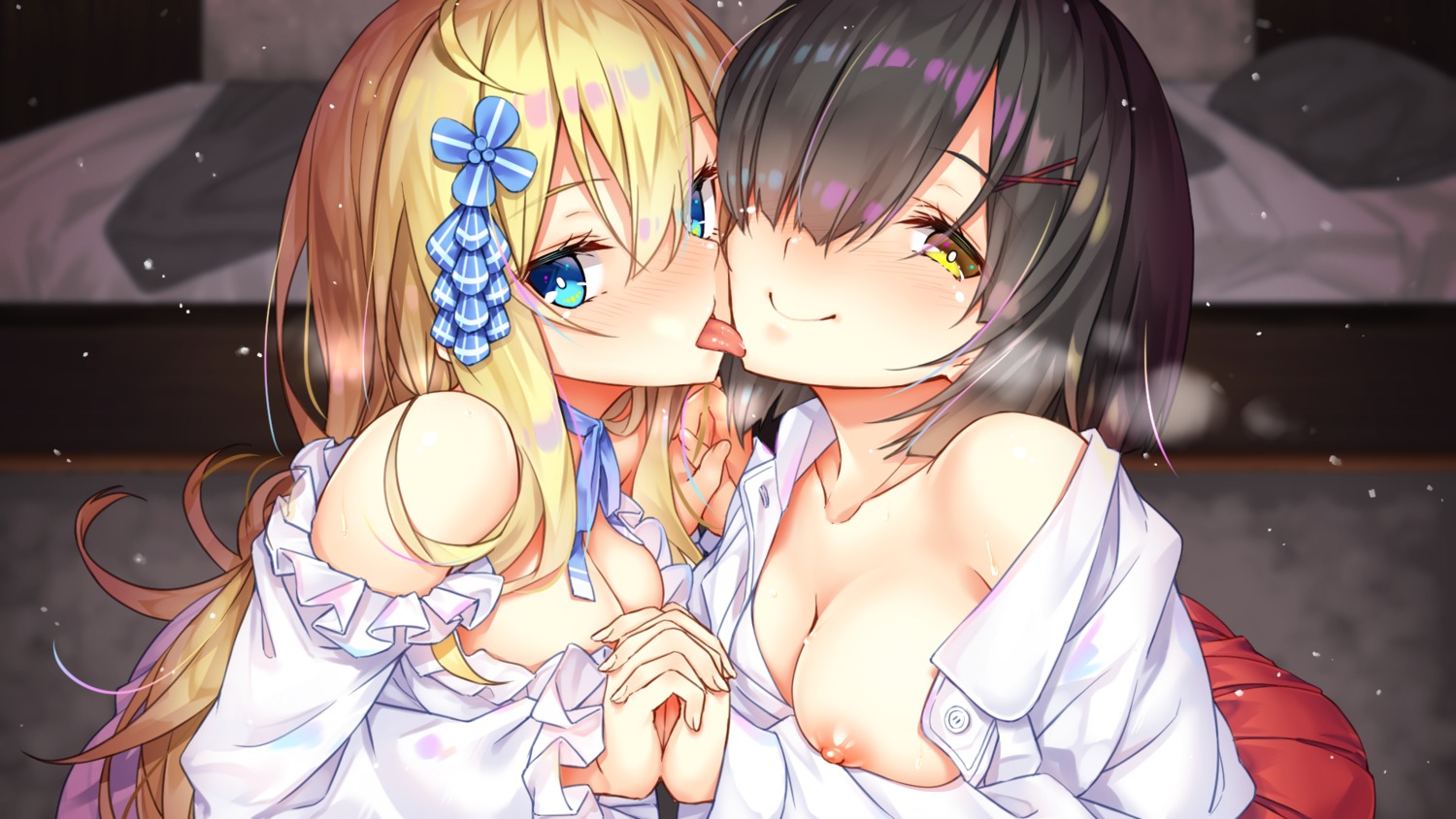 breasts dress_shirt nipples no_bra open_shirt rozea wallpaper yuri