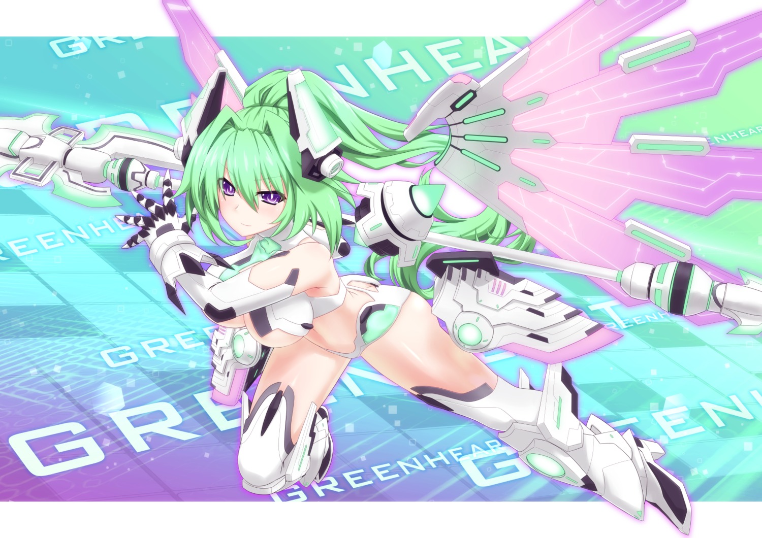 bikini_armor choujigen_game_neptune green_heart heels mizunashi_(second_run) thighhighs underboob weapon wings