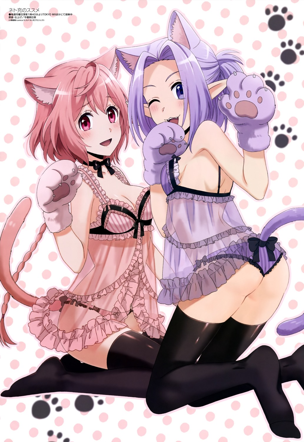 animal_ears ass cleavage feet imahashi_asuna lilac_(netojuu_no_susume) lily_(netojuu_no_susume) lingerie nekomimi netojuu_no_susume pantsu see_through shimapan tail thighhighs