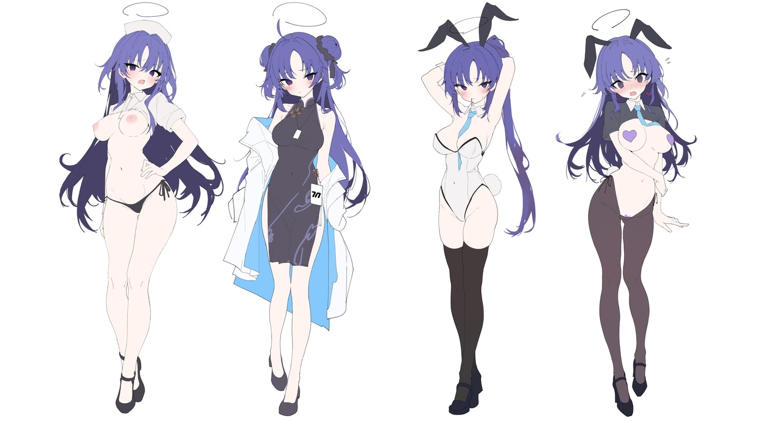 animal_ears blue_archive breasts bunny_ears bunny_girl chinadress halo harenchitomeko hayase_yuuka heels maebari nipples no_bra nurse pantsu pantyhose pasties shirt_lift string_panties tail thighhighs