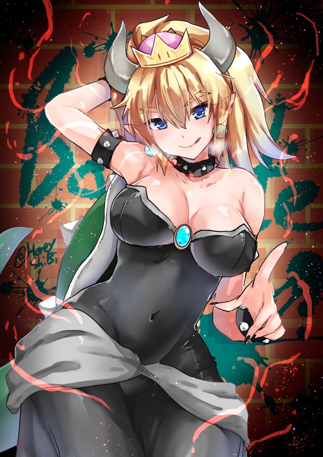 bowsette cleavage dress genderswap horns mario_bros. new_super_mario_bros._u_deluxe pointy_ears shibi tail