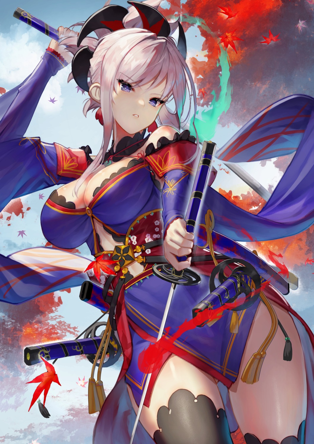 cleavage fate/grand_order japanese_clothes miyamoto_musashi_(fate/grand_order) scottie sword thighhighs