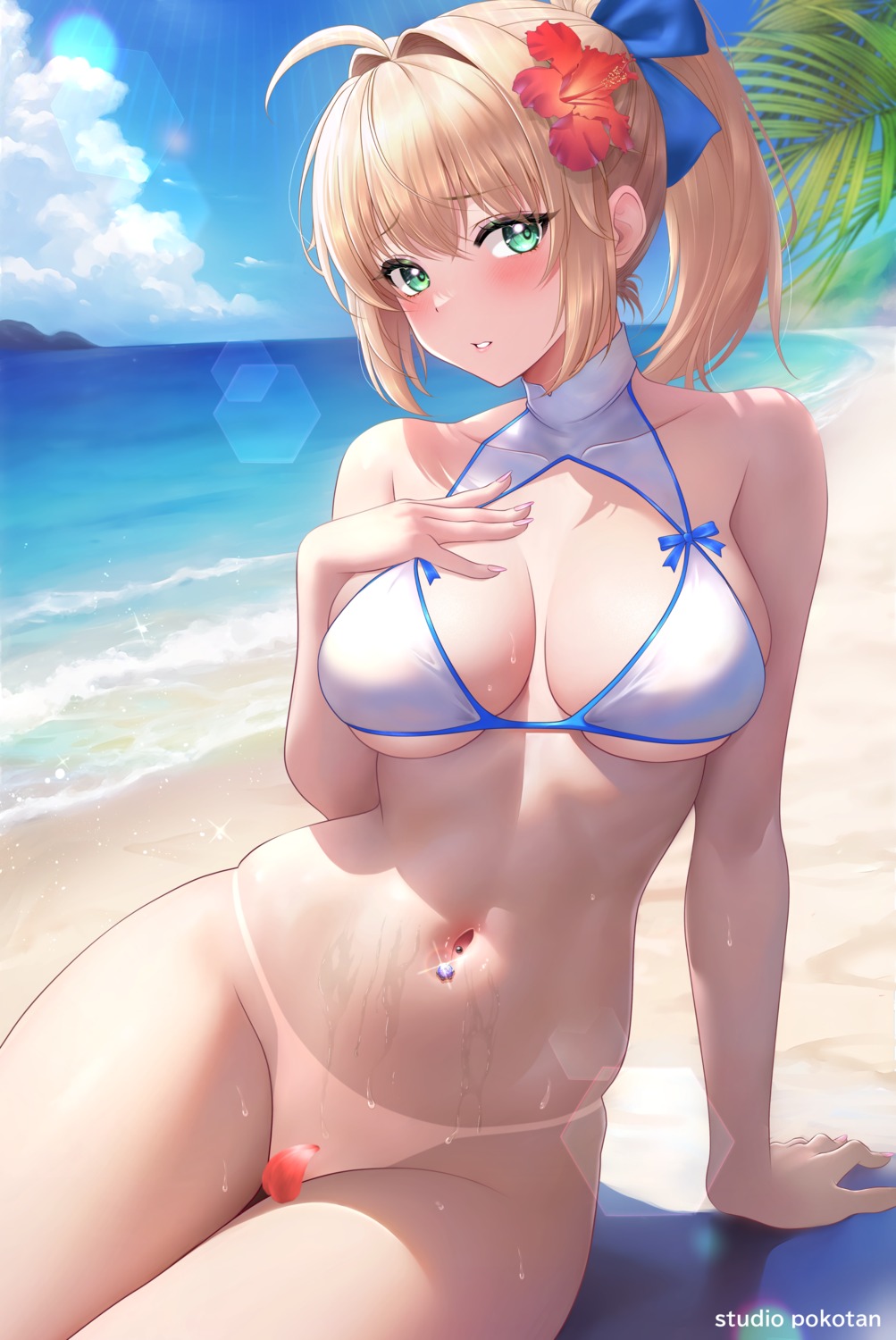 artoria_pendragon_(swimsuit_ruler)_(fate) bikini_top bottomless fate/grand_order studiopokotan swimsuits tan_lines wet