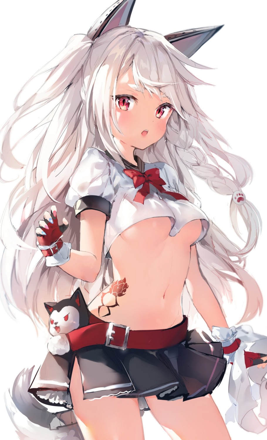 animal_ears azur_lane no_bra seifuku tail tattoo umibouzu underboob yuudachi_(azur_lane)