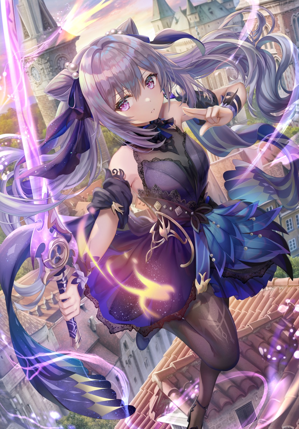 dress genshin_impact heels keqing pantyhose see_through sword torino_akua