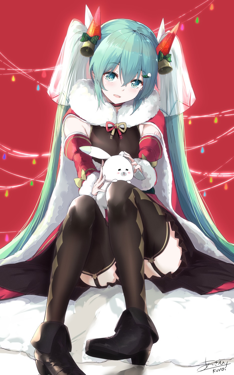 asahi_kuroi christmas hatsune_miku heels skirt_lift stockings thighhighs vocaloid